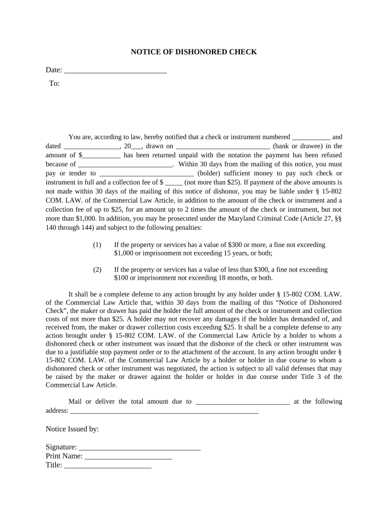 Notice of Dishonored Check Civil Keywords Bad Check, Bounced Check Maryland  Form