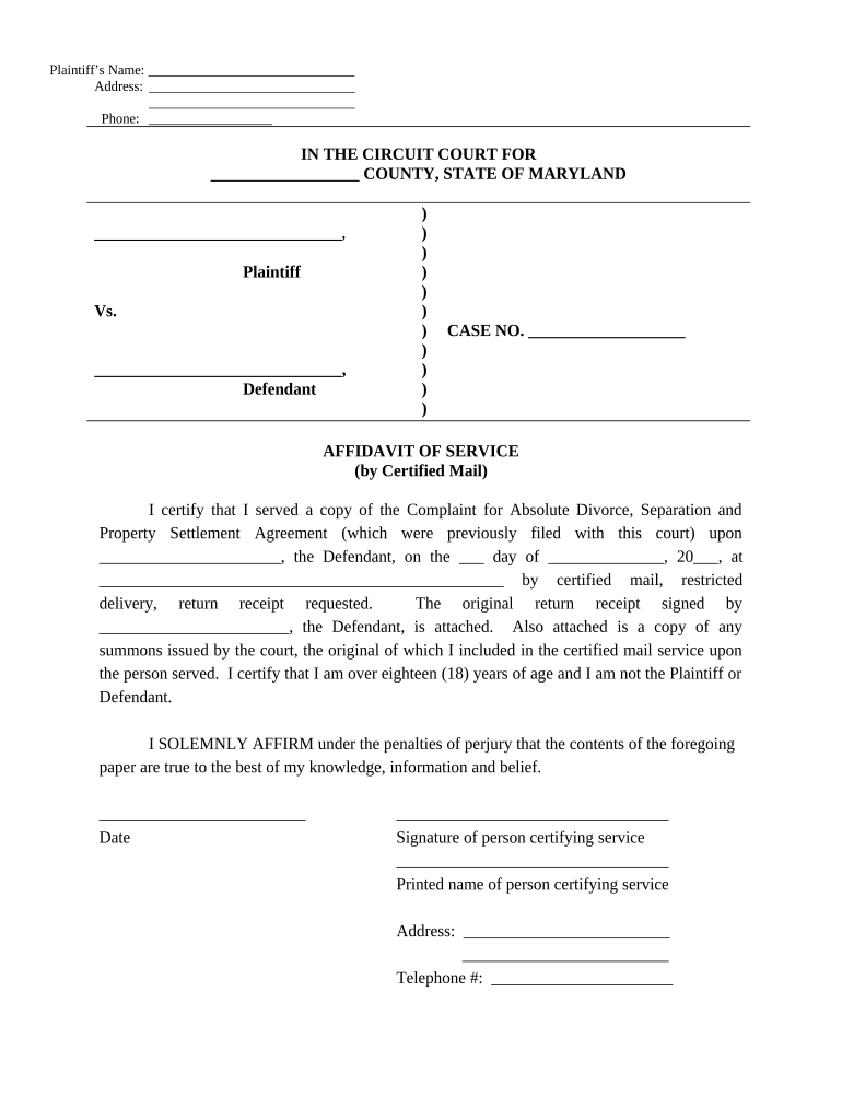 Affidavit of Service Maryland  Form