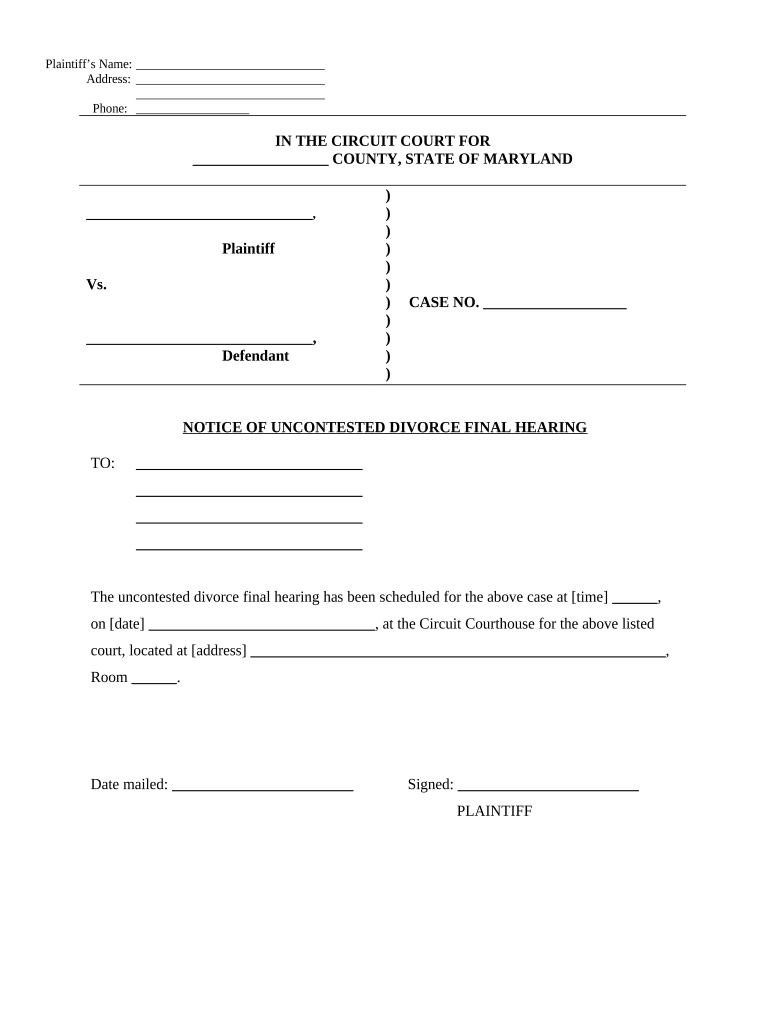 Uncontested Hearing Divorce  Form