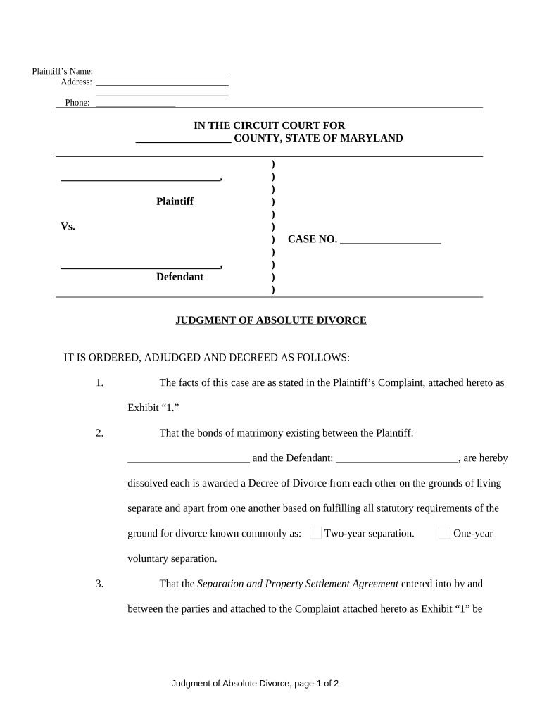 Maryland Divorce Decree Sample  Form