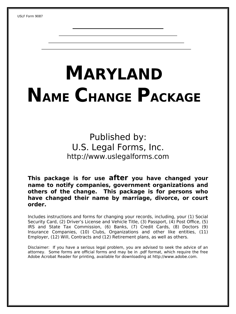 Name Change Notification Package for Brides, Court Ordered Name Change, Divorced, Marriage for Maryland Maryland  Form