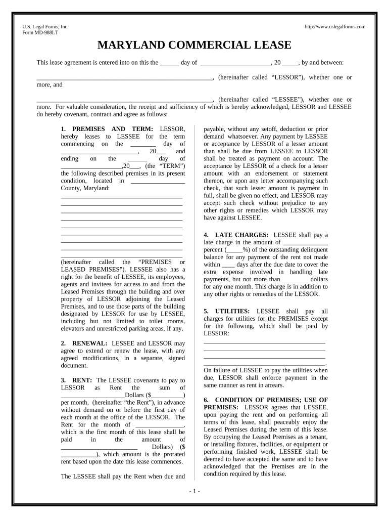Commercial Building or Space Lease Maryland Form