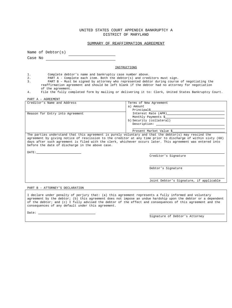 Summary of Reaffirmation Agreement Maryland  Form