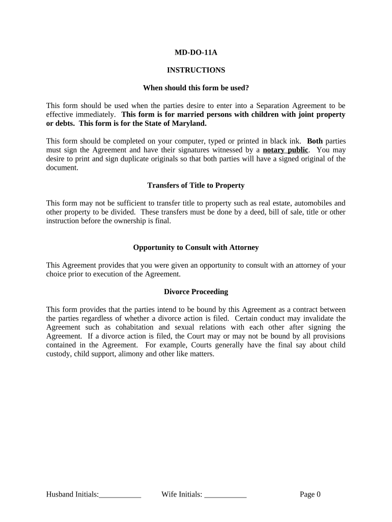 Marital Domestic Separation and Property Settlement Agreement Minor Children Parties May Have Joint Property or Debts Effective   Form