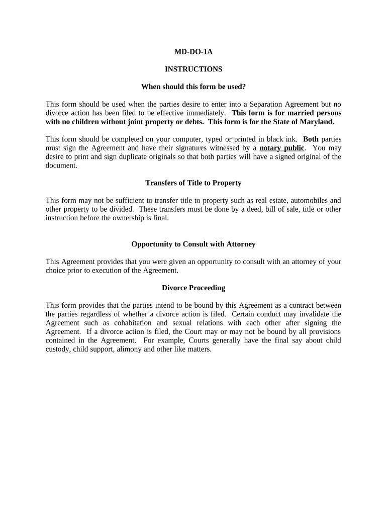 Marital Domestic Separation and Property Settlement Agreement for Persons with No Children, No Joint Property, or Debts Effectiv  Form