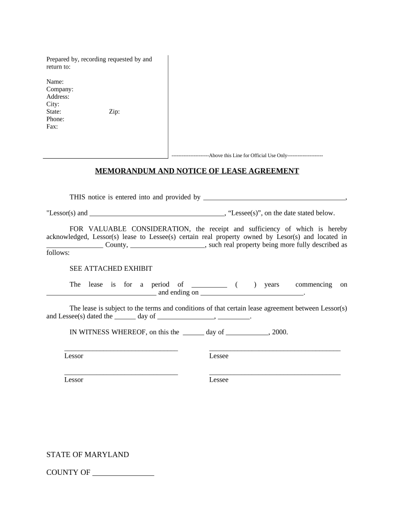 Notice of Lease for Recording Maryland  Form