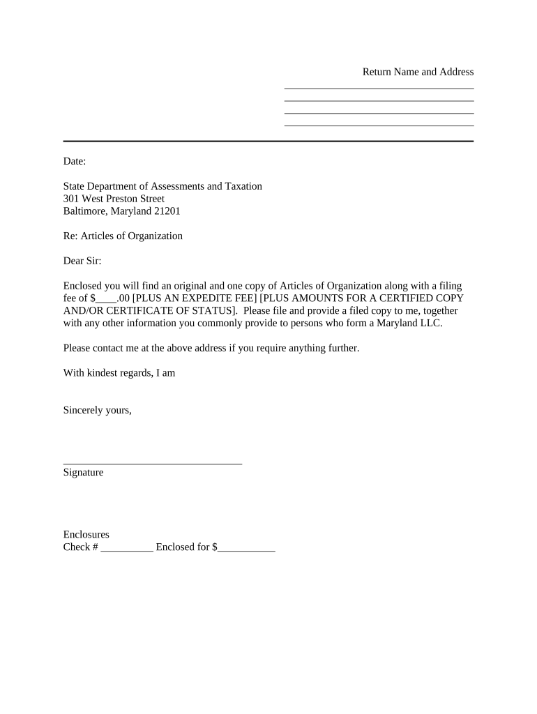 Sample Cover Letter for Filing of LLC Articles or Certificate with Secretary of State Maryland  Form