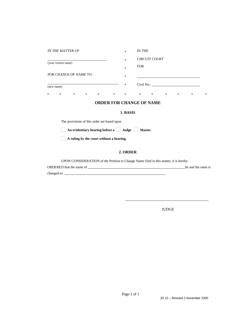 Order for Change of Name for Adult Maryland  Form