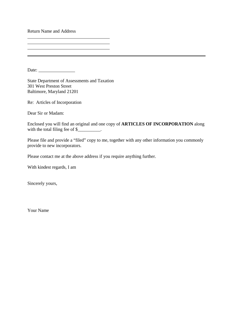 Sample Transmittal Letter for Articles of Incorporation Maryland  Form