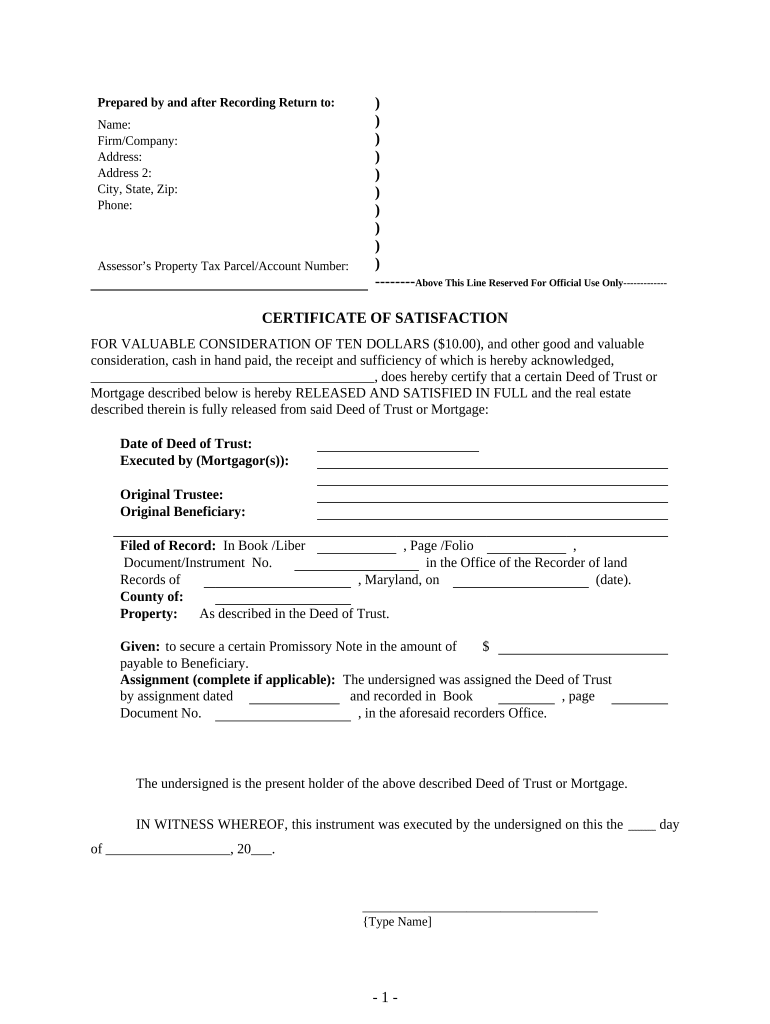 Maryland Satisfaction Certificate  Form