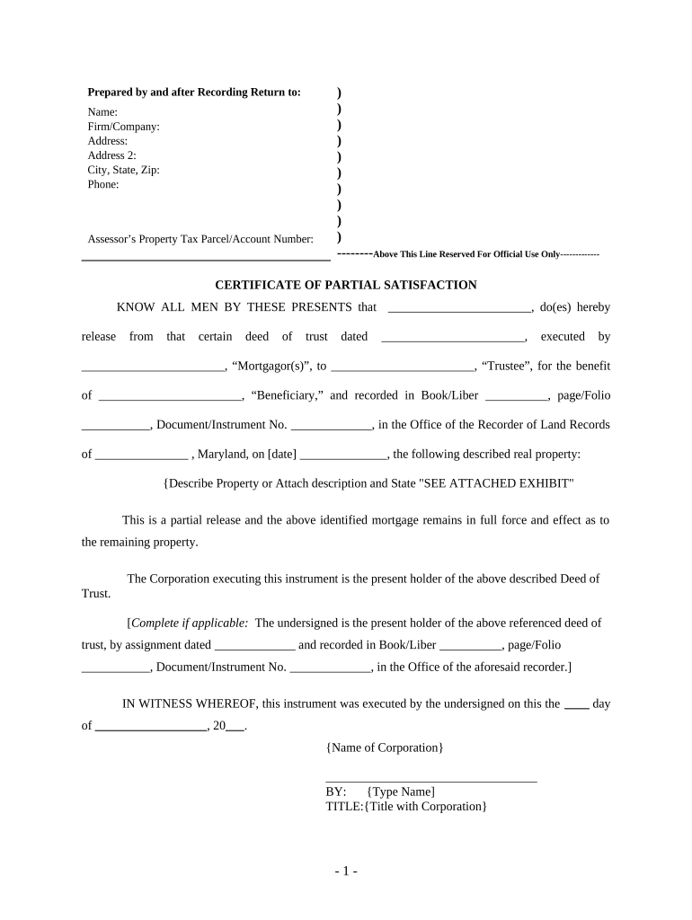 Partial Release of Property from Deed of Trust for Corporation Maryland  Form