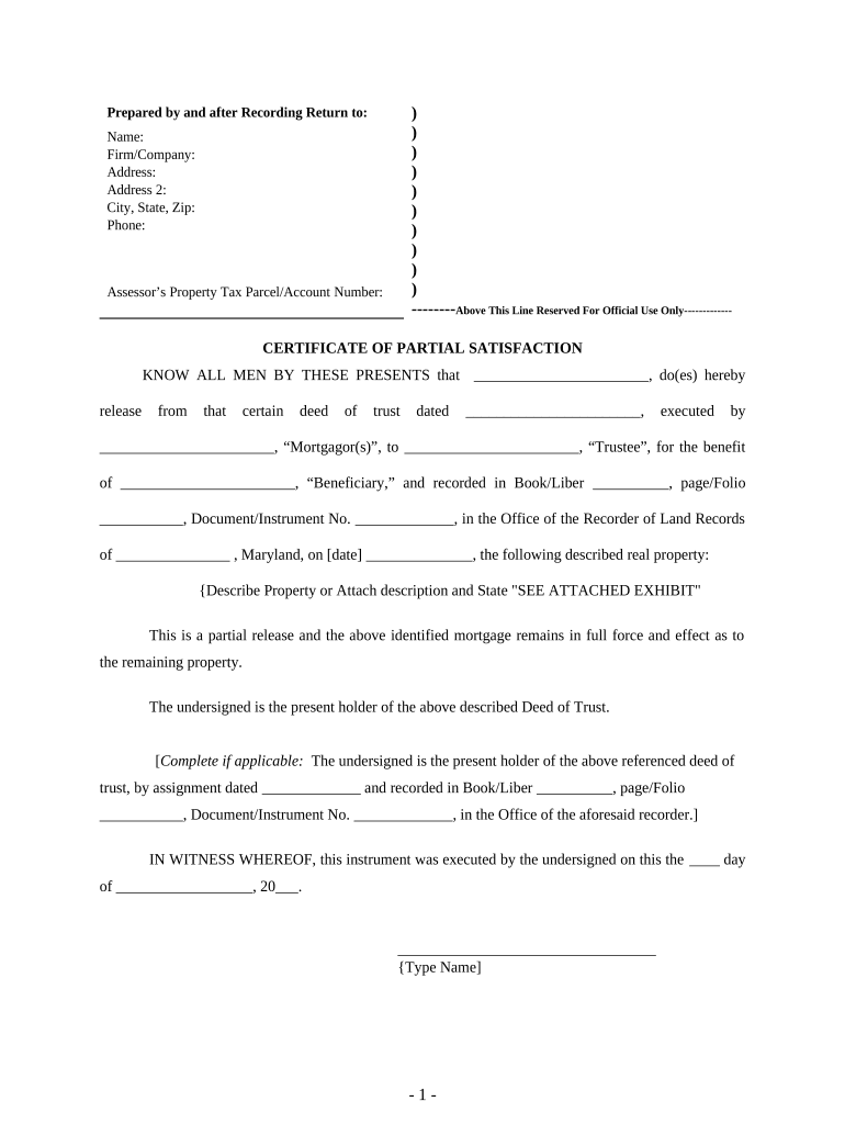 Partial Release of Property from Deed of Trust for Individual Maryland  Form