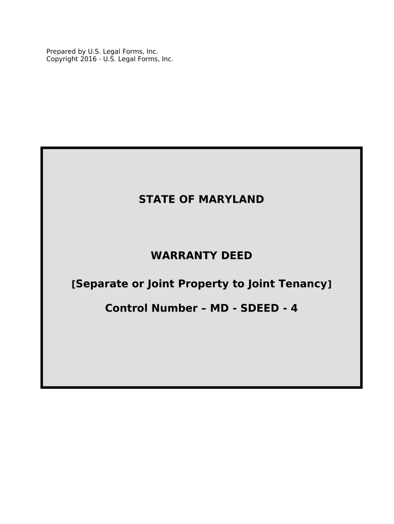 Warranty Deed for Separate or Joint Property to Joint Tenancy Maryland  Form
