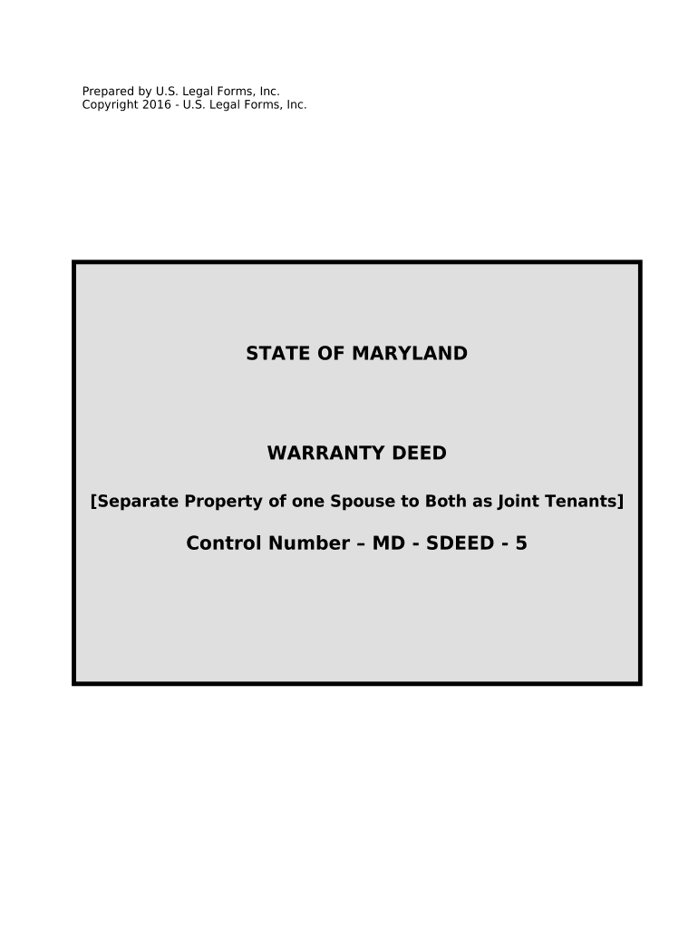 Warranty Deed to Separate Property of One Spouse to Both Spouses as Joint Tenants Maryland  Form