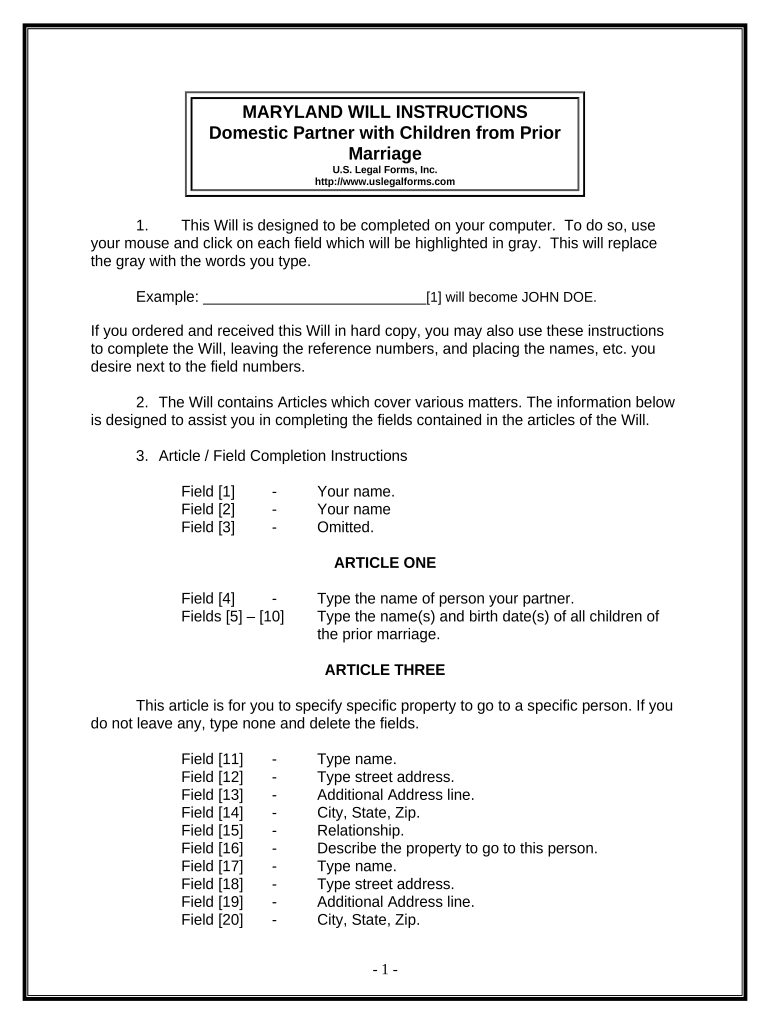 Legal Last Will and Testament for Domestic Partner with Minor Children from Prior Marriage Maryland  Form