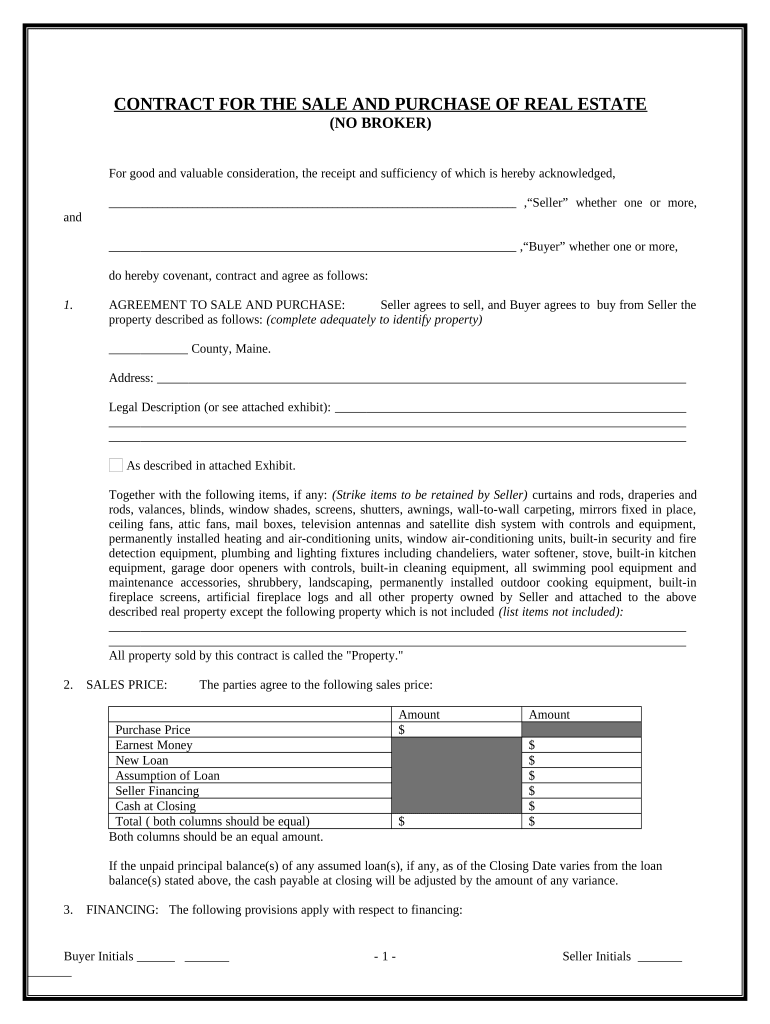 Contract for Sale and Purchase of Real Estate with No Broker for Residential Home Sale Agreement Maine  Form