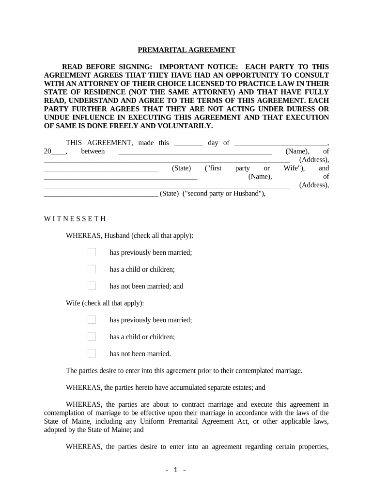 Maine Prenuptial Premarital Agreement Without Financial Statements Maine  Form