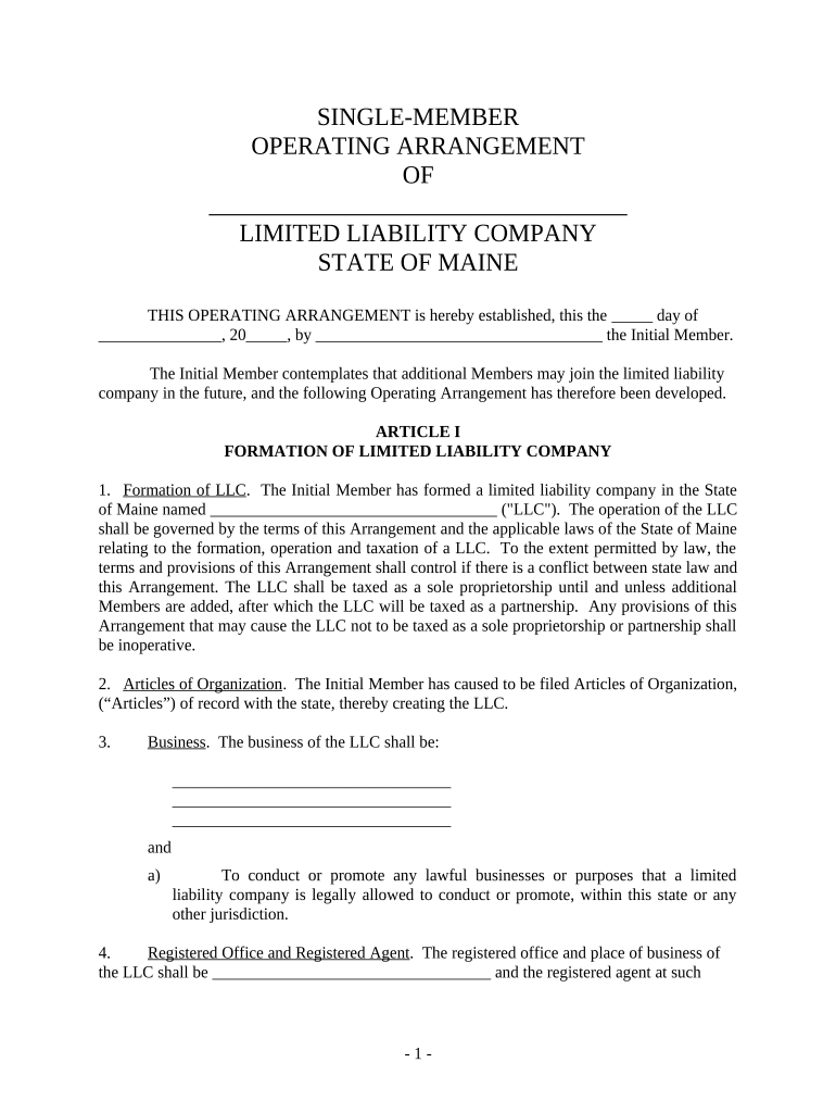 Single Member Limited Liability Company LLC Operating Agreement Maine  Form