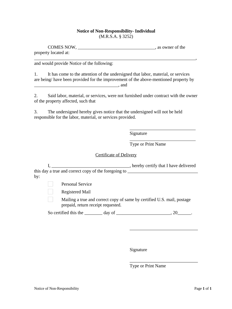 Notice of Nonresponsibility Individual Maine  Form