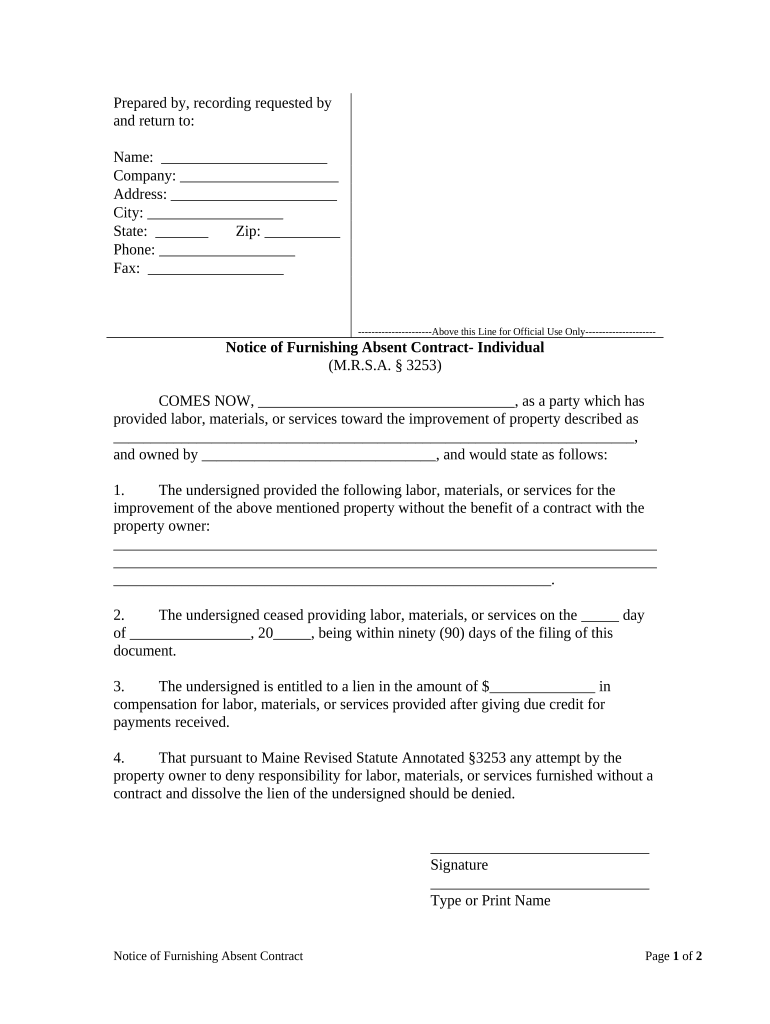 Notice of Furnishing Absent Contract Individual Maine  Form