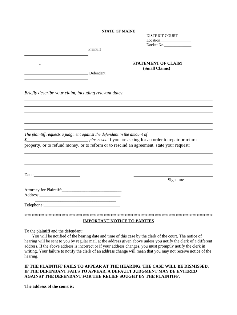 Statement of Claim Maine  Form