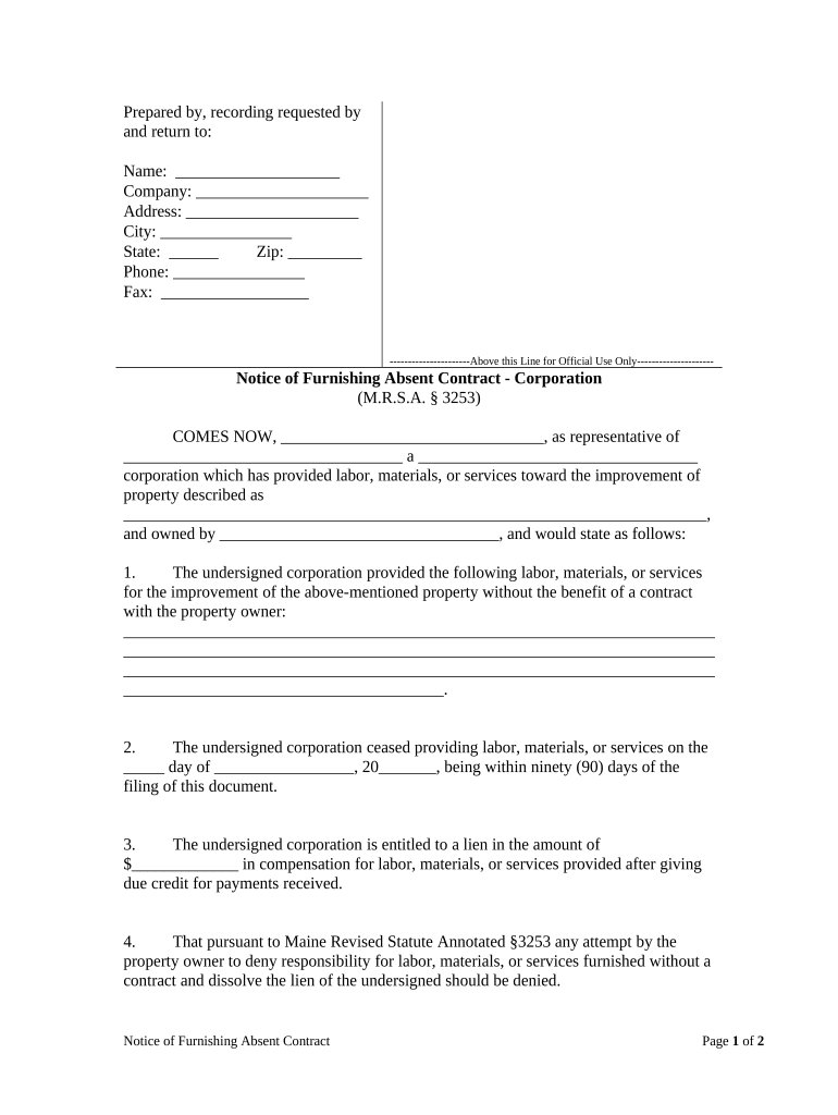 Notice of Furnishing Absent Contract Corporation or LLC Maine  Form