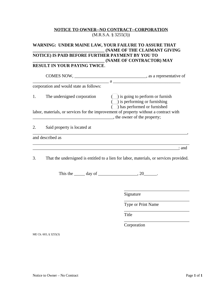 Notice to Owner Corporation or LLC Maine  Form