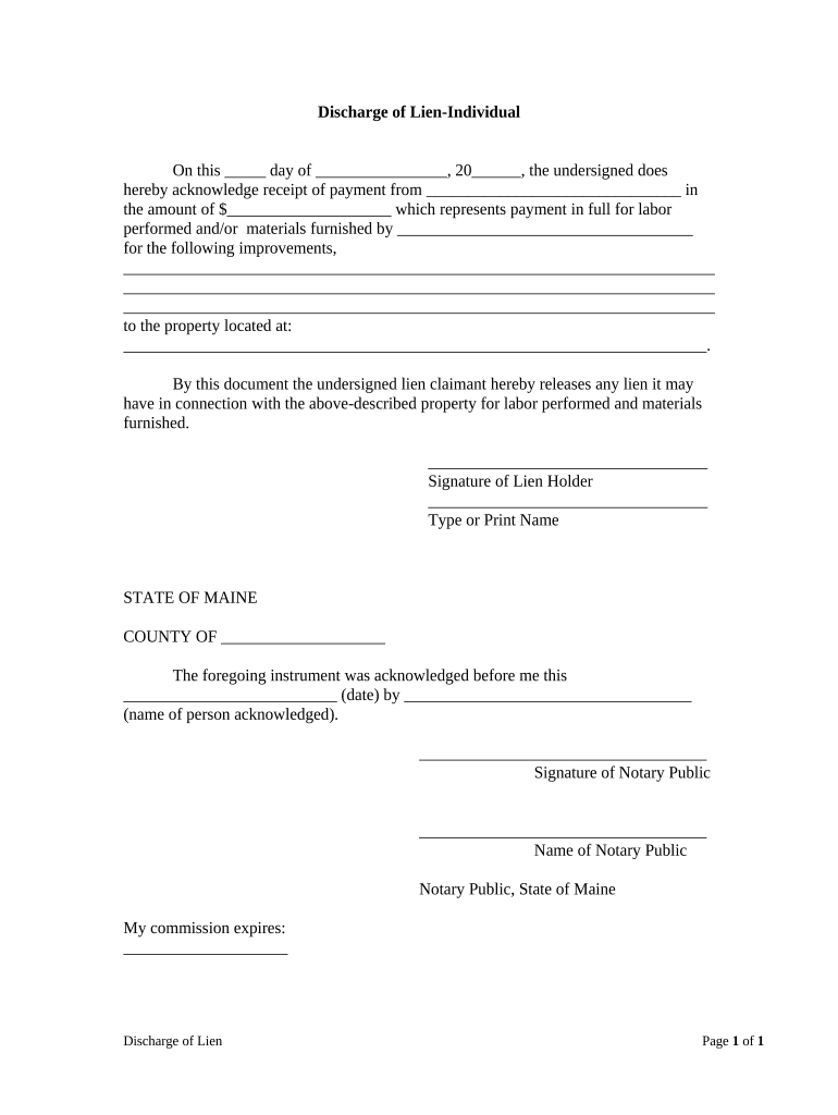 Discharge of Lien by Individual Maine  Form