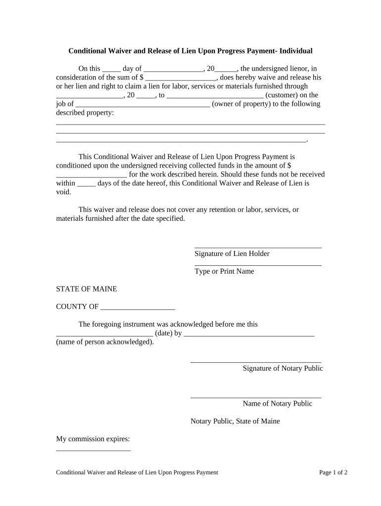Conditional Waiver and Release Upon Progress Payment Individual Maine  Form