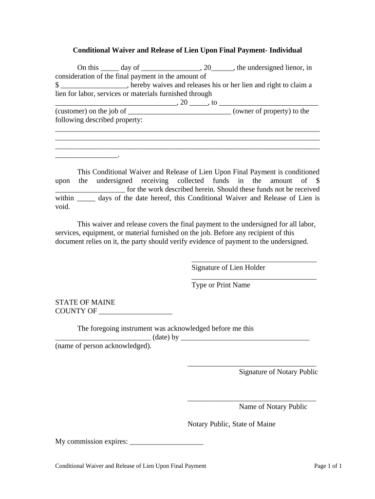 Conditional Waiver and Release Upon Final Payment Individual Maine  Form