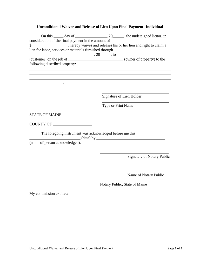 Unconditional Waiver and Release Upon Final Payment Individual Maine  Form