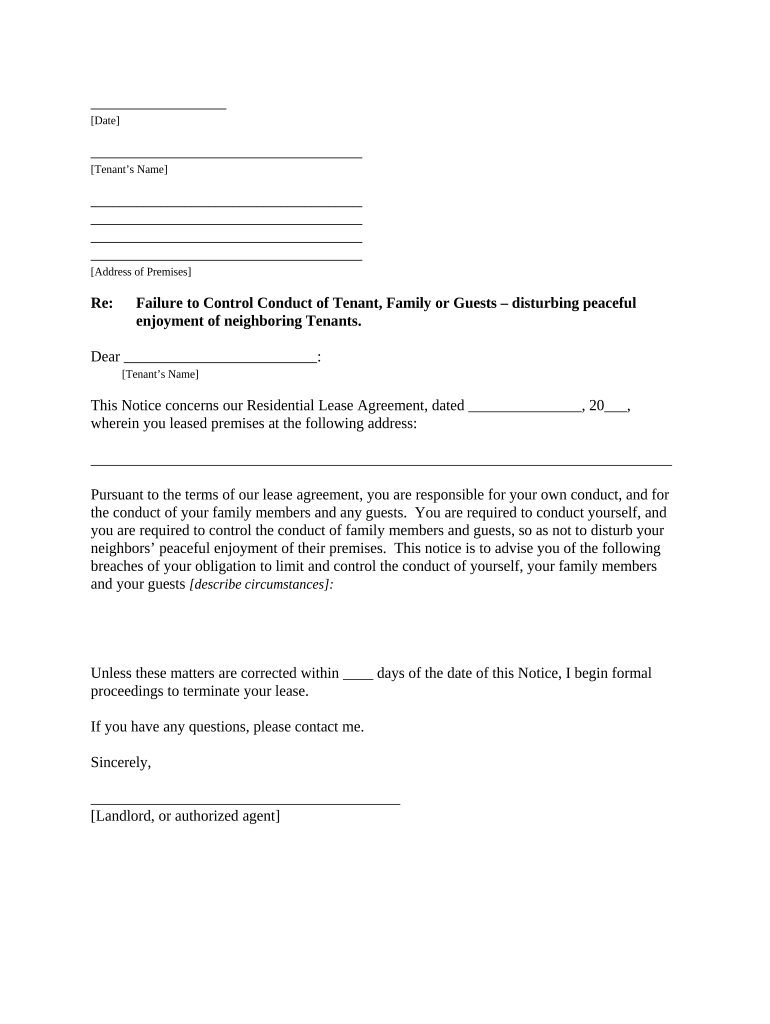 Letter from Landlord to Tenant as Notice to Tenant of Tenant's Disturbance of Neighbors' Peaceful Enjoyment to Remedy or Lease T  Form