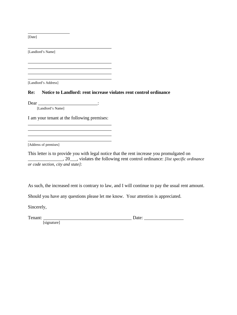 Letter from Tenant to Landlord Containing Notice to Landlord to Withdraw Improper Rent Increase Due to Violation of Rent Control  Form