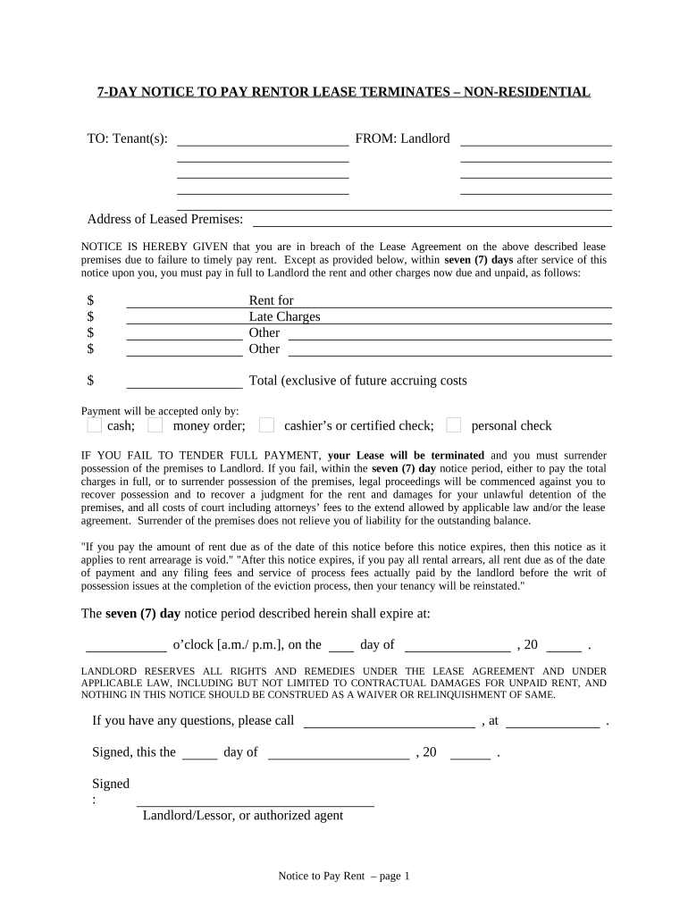 7 Day to Pay Rent or Lease Terminates Nonresidential or Commercial Maine  Form