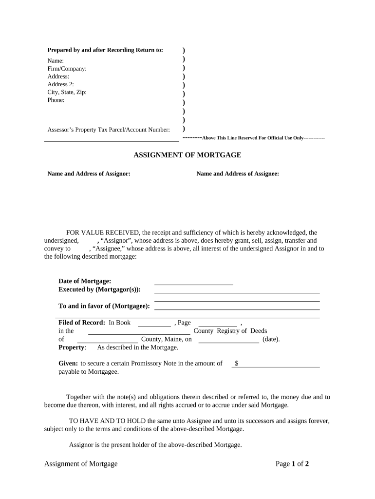 Assignment of Mortgage by Corporate Mortgage Holder Maine  Form