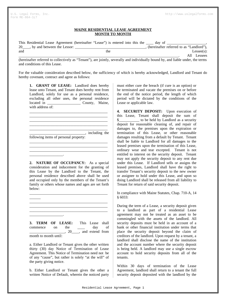 Residential Lease or Rental Agreement for Month to Month Maine  Form