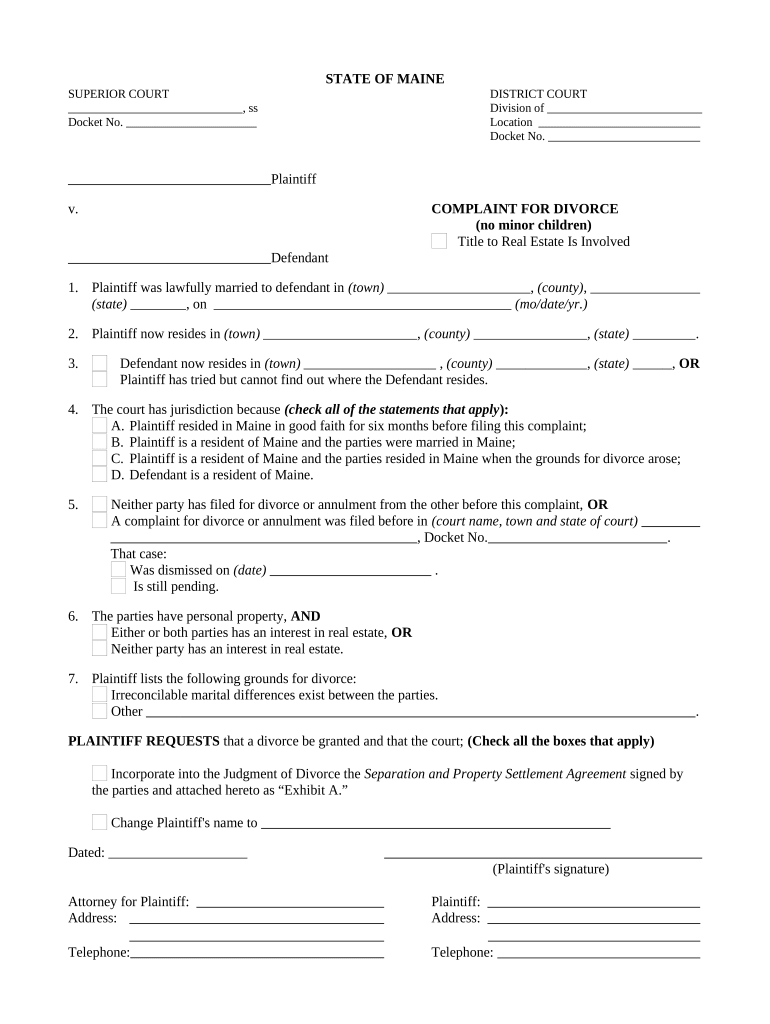 Complaint for Divorce for People with No Children or Adult Children Maine  Form