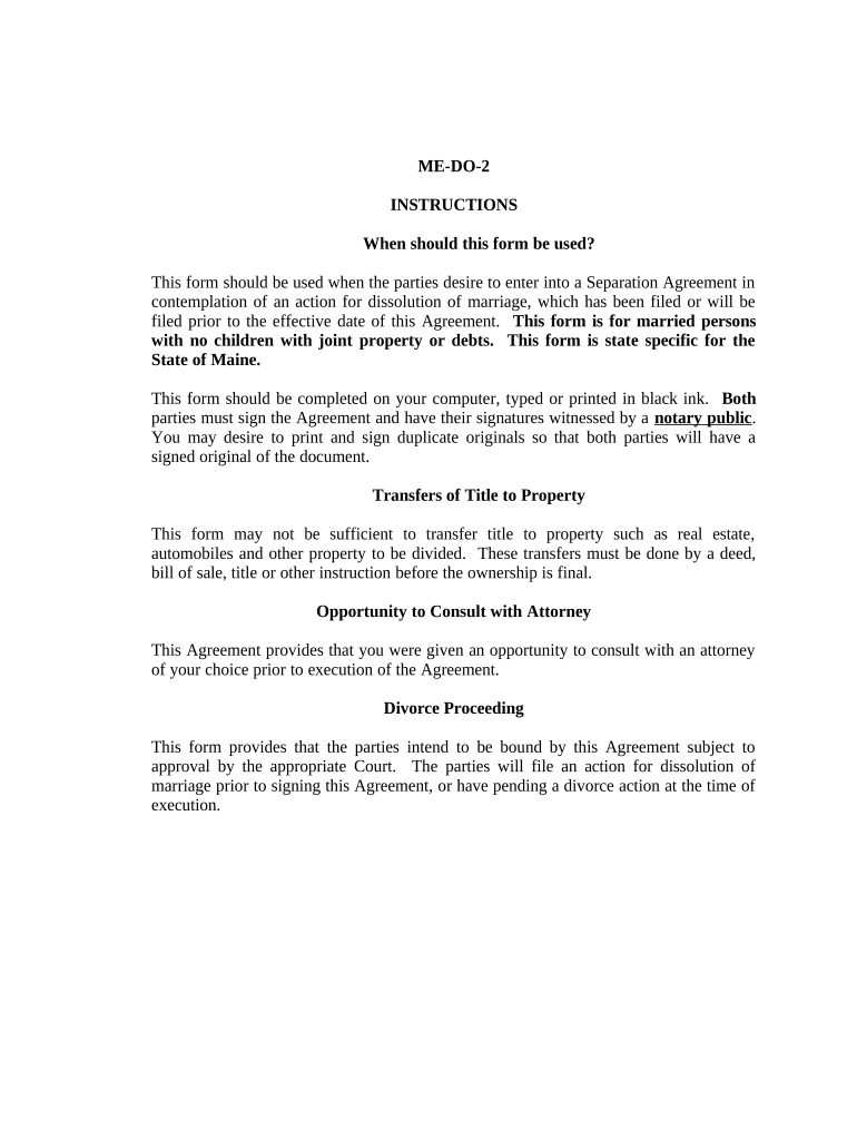 Marital Domestic Separation and Property Settlement Agreement No Children Parties May Have Joint Property or Debts Where Divorce  Form