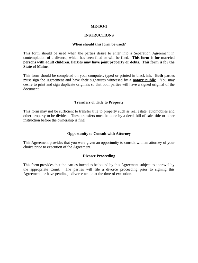 Marital Domestic Separation and Property Settlement Agreement Adult Children Parties May Have Joint Property or Debts Where Divo  Form