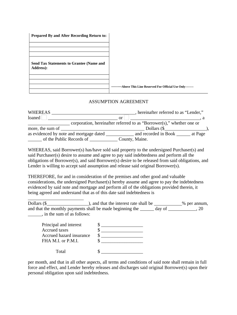 Assumption Agreement of Mortgage and Release of Original Mortgagors Maine  Form