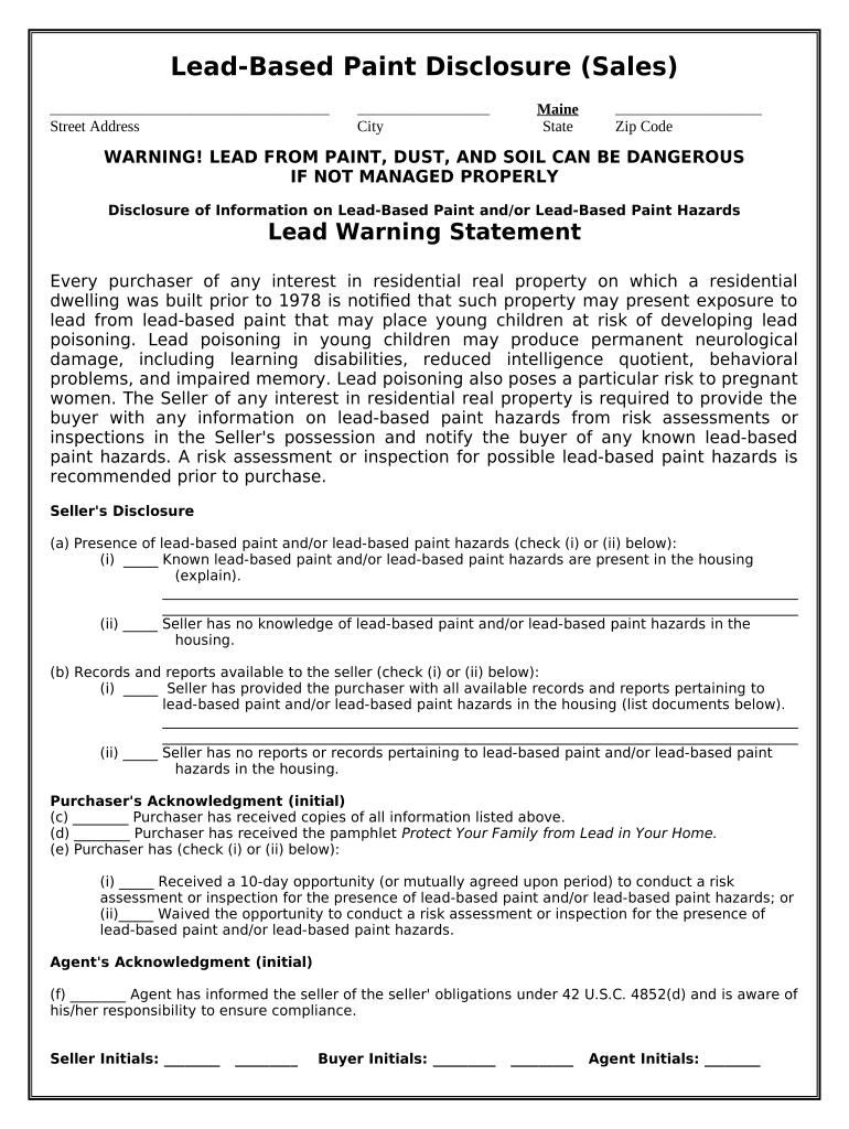 Fill and Sign the Lead Based Paint Disclosure for Sales Transaction Maine Form