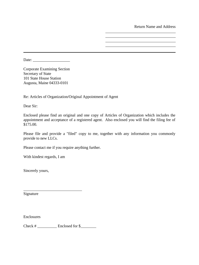 Sample Cover Letter for Filing of LLC Articles or Certificate with Secretary of State Maine  Form