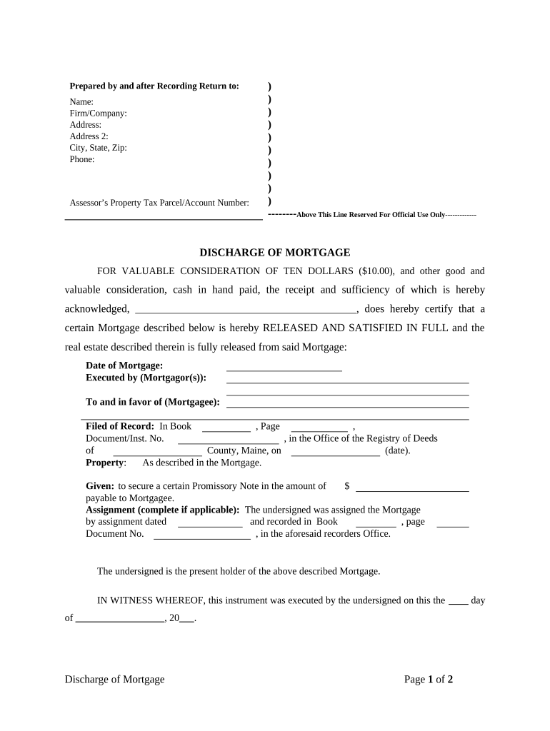 Satisfaction, Release or Cancellation of Mortgage by Individual Maine  Form