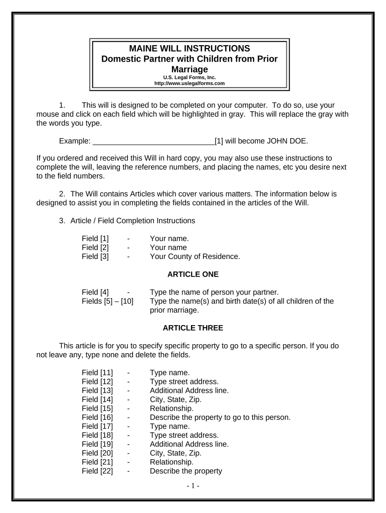 Legal Last Will and Testament for Domestic Partner with Children from Prior Marriage Maine  Form