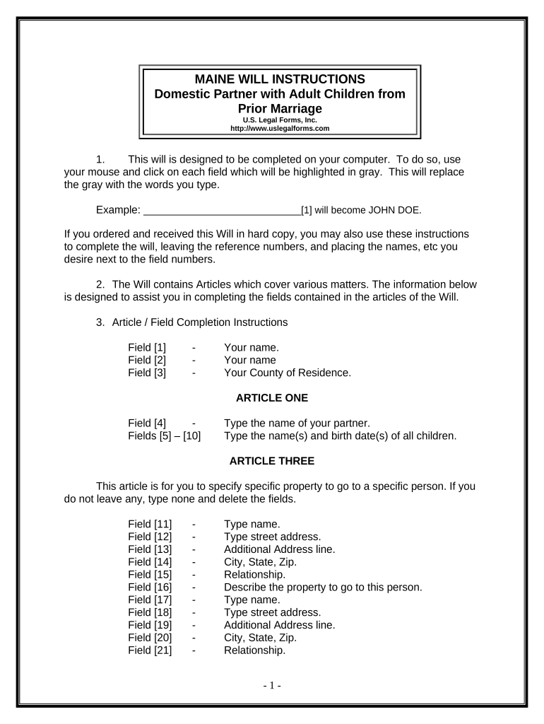 Legal Last Will and Testament Form for Domestic Partner with Adult Children from Prior Marriage Maine