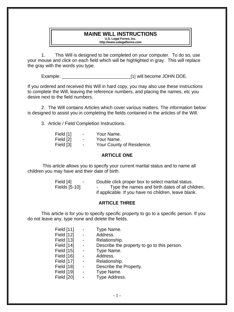 Last Will and Testament for Other Persons Maine  Form