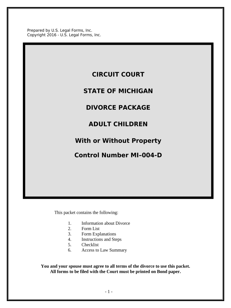 No Fault Uncontested Agreed Divorce Package for Dissolution of Marriage with Adult Children and with or Without Property and Deb  Form