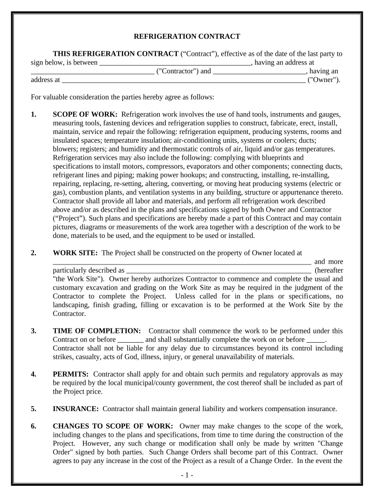 Refrigeration Contract for Contractor Michigan Form