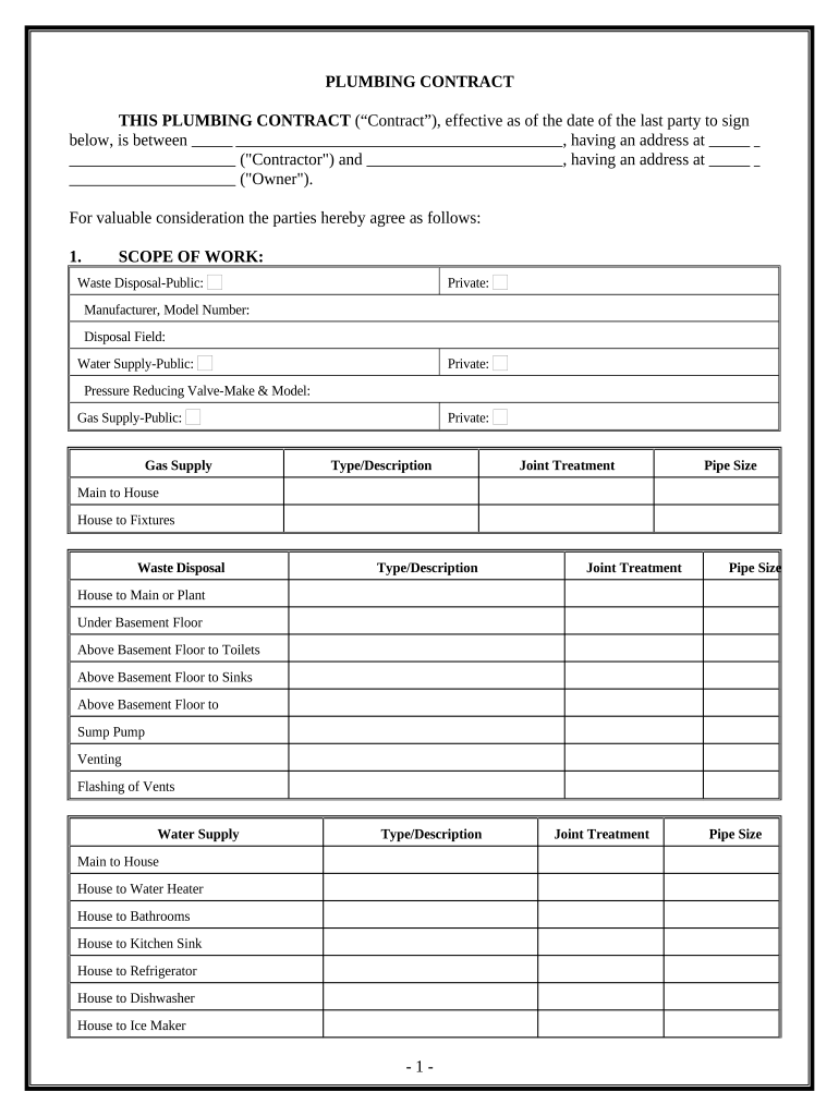 Plumbing Contract for Contractor Michigan  Form