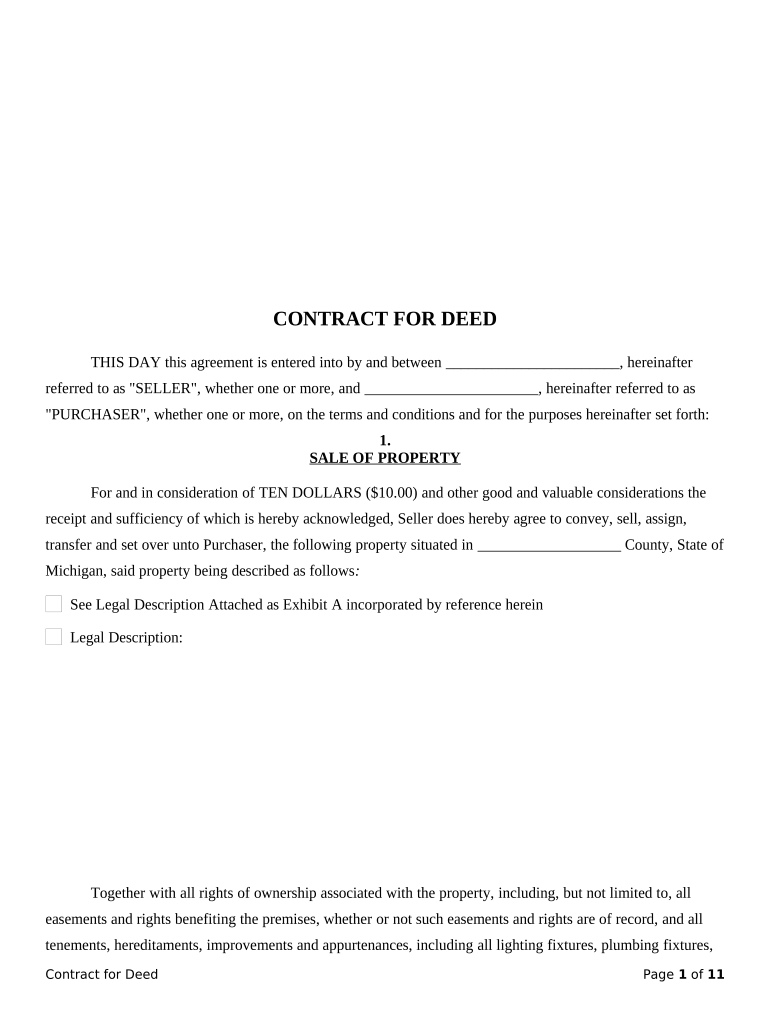 Agreement or Contract for Deed for Sale and Purchase of Real Estate Aka Land or Executory Contract Michigan  Form